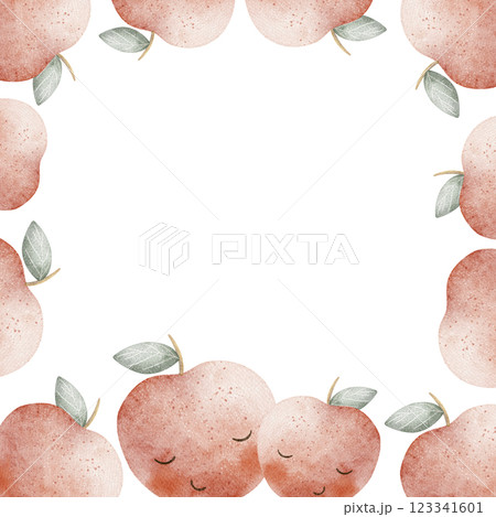 Watercolor frame with red apples, character with cute eyes. Hand drawn illustration in cartoon style for templates of children's invitation cards, greetings, food packaging, products, posters 123341601