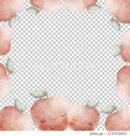 Watercolor frame with red apples, character with cute eyes. Hand drawn illustration in cartoon style for templates of children's invitation cards, greetings, food packaging, products, posters 123341601