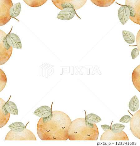 Watercolor frame cute fruits, bright tangerine, cheerful orange. Hand-drawn illustration in cartoon style, product for templates of children's invitation cards, food packaging, healthy eating, goods Watercolor frame cute fruits, bright tangerine, cheerful orange. Hand-drawn illustration in cartoon style, product for templates of children's invitation cards, food packaging, healthy eating, goods 123341605