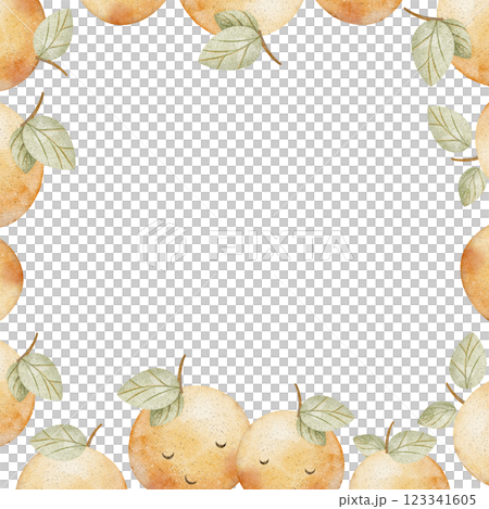 Watercolor frame cute fruits, bright tangerine, cheerful orange. Hand-drawn illustration in cartoon style, product for templates of children's invitation cards, food packaging, healthy eating, goods Watercolor frame cute fruits, bright tangerine, cheerful orange. Hand-drawn illustration in cartoon style, product for templates of children's invitation cards, food packaging, healthy eating, goods 123341605