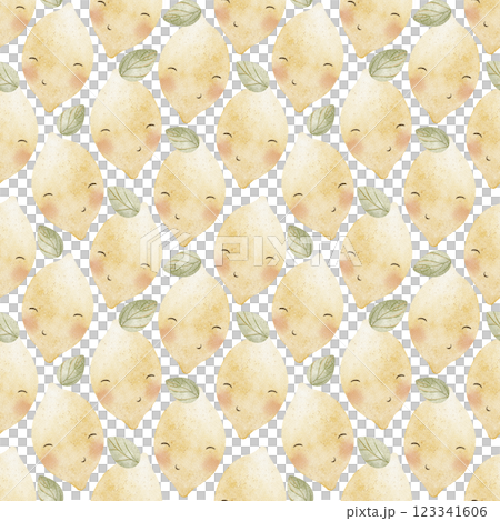 Tiled pattern watercolor lemons leaves, fruits with eyes. Pastel seamless print. Hand-drawn illustrations on a white background for design of textiles, fabrics, packaging, clothes, wallpapers, cards 123341606