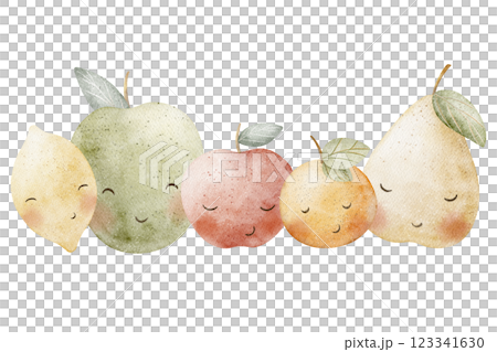 Watercolor fruits apples green red, pear yellow, mandarin orange, lemon citrus. Hand drawn cartoon style illustration for design of children's cards posters, invitations, tableware, clothes, packaging Watercolor fruits apples green red, pear yellow, mandarin orange, lemon citrus. Hand drawn cartoon style illustration for design of children's cards posters, invitations, tableware, clothes, packaging 123341630