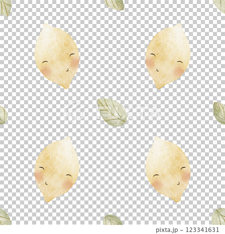 Seamless pattern lemon leaves, cute fruits with eyes. Watercolor pastel print foods. Characters hand-drawn illustrations on white background for design textiles, fabrics, packaging, clothes wallpapers Seamless pattern lemon leaves, cute fruits with eyes. Watercolor pastel print foods. Characters hand-drawn illustrations on white background for design textiles, fabrics, packaging, clothes wallpapers 123341631