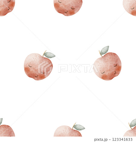 Watercolor pattern fruits apple red juicy with cute eyes. Seamless summer print. Hand-drawn illustrations stylized cartoon style design children's textiles fabrics packaging clothes, wallpapers, cards Watercolor pattern fruits apple red juicy with cute eyes. Seamless summer print. Hand-drawn illustrations stylized cartoon style design children's textiles fabrics packaging clothes, wallpapers, cards 123341633