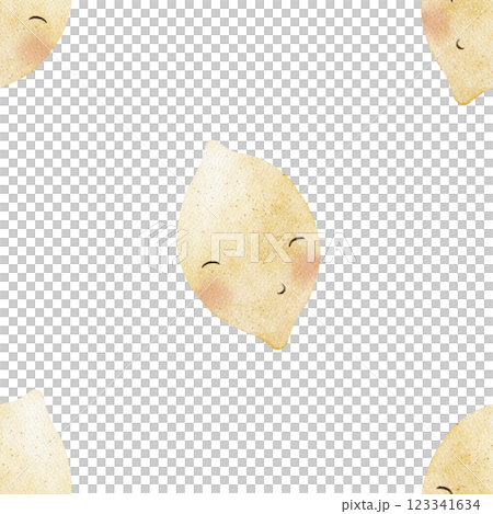 Watercolor pattern lemon funny fruits with cute eyes. Seamless summer print. Hand-drawn illustrations, on white background for design children's textiles, fabrics, packaging, clothes, wallpapers cards Watercolor pattern lemon funny fruits with cute eyes. Seamless summer print. Hand-drawn illustrations, on white background for design children's textiles, fabrics, packaging, clothes, wallpapers cards 123341634