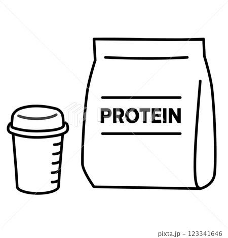プロテインとシェーカーのシンプルなイラスト　モノクロ 123341646