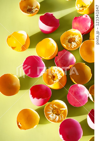 Lot of Cracked Easter Eggshells in Hard Light. Vivid Springtime Background. 123341847