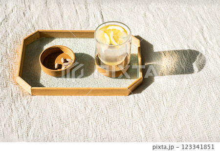lemon water and nutritional supplement capsules for self care. 123341851