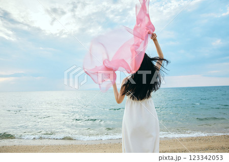 夏の海を眺める女性 123342053