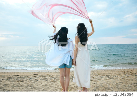 夏の海を眺める女性 123342084