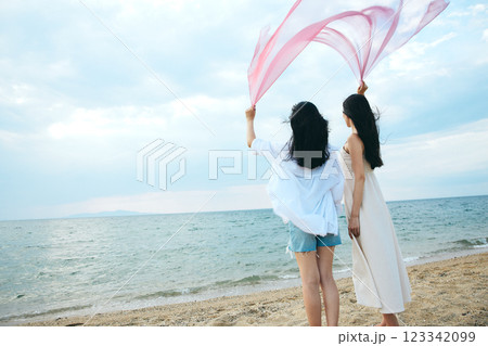 夏の海を眺める女性 123342099