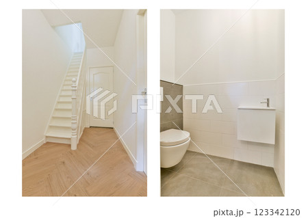 Bright and airy interior featuring a staircase and an elegant bathroom with modern fixtures, showcasing minimalist design and clean lines. Bright and airy interior featuring a staircase and an elegant bathroom with modern fixtures, showcasing minimalist design and clean lines. 123342120
