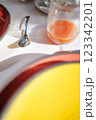 オレンジジュースとカラフルなテーブルの朝の光景(イタリア) オレンジジュースとカラフルなテーブルの朝の光景(イタリア) 123342201