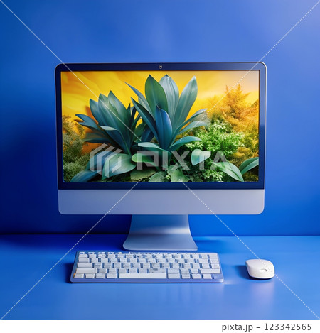 Desk setup featuring a computer monitor, mouse, and keyboard in a well-lit room Desk setup featuring a computer monitor, mouse, and keyboard in a well-lit room 123342565