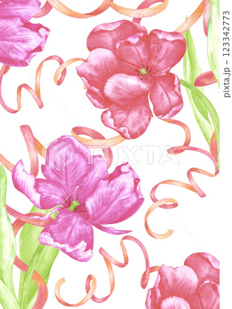 Hand drawn watercolor tulips with green leaves and ribbons postcard. Illustration of flowers isolated on white background. Can be used for postcard, invitation, poster and other printed products. 123342773
