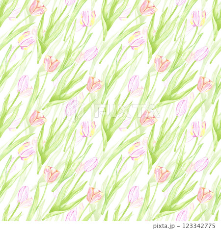 Hand drawn watercolor tulips with green leaves seamless pattern. Illustration of flowers isolated on white background. Can be used for textile, fabric, wrapping and other printed products. Hand drawn watercolor tulips with green leaves seamless pattern. Illustration of flowers isolated on white background. Can be used for textile, fabric, wrapping and other printed products. 123342775