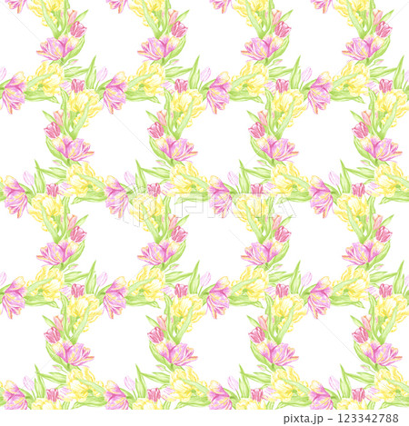 Hand drawn watercolor pink and yellow tulips with green leaves wreath seamless pattern. Illustration isolated on white background. Can be used for textile, fabric, wrapping and other printed products. Hand drawn watercolor pink and yellow tulips with green leaves wreath seamless pattern. Illustration isolated on white background. Can be used for textile, fabric, wrapping and other printed products. 123342788