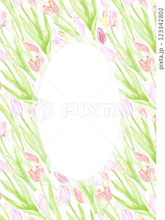 Hand drawn watercolor tulips with green leaves postcard frame border. Illustration of flowers isolated on white background. Can be used for postcard, invitation, front page and other printed products. 123342802
