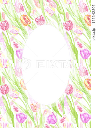 Hand drawn watercolor tulips with green leaves postcard frame border. Illustration of flowers isolated on white background. Can be used for postcard, invitation, front page and other printed products. Hand drawn watercolor tulips with green leaves postcard frame border. Illustration of flowers isolated on white background. Can be used for postcard, invitation, front page and other printed products. 123342805