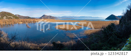 View of Skadar Lake with reeds on mountains background in winter, Montenegro 123342817