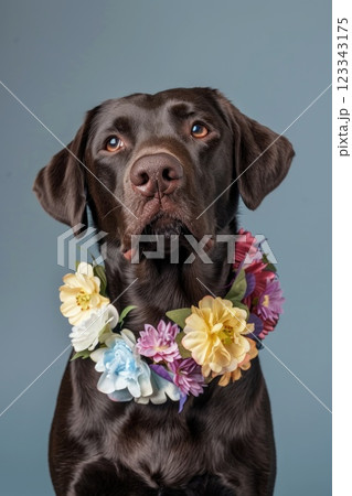 Chocolate Labrador Retriever Wearing Colorful Floral Leis on Pastel Background Chocolate Labrador Retriever Wearing Colorful Floral Leis on Pastel Background 123343175
