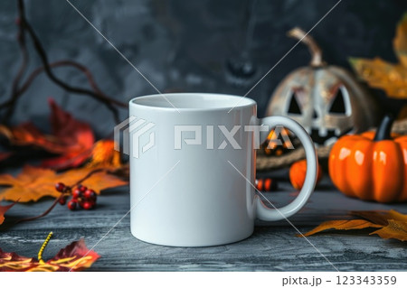 Cozy Autumn Vibes: White Mug Among Fall Leaves and Pumpkins 123343359