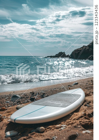 Serene Beachside Paddleboard Awaiting Adventure at Seashore 123343436