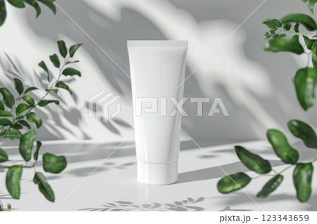 Eco-Friendly Cosmetic Cream Tube with Green Plant Leaves Shadow Play 123343659