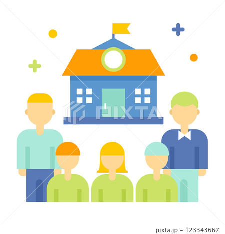 Education concept icon illustration. Back to school. Teachers, lecturers and students in front of a school or university building. Vector illustration Education concept icon illustration. Back to school. Teachers, lecturers and students in front of a school or university building. Vector illustration 123343667