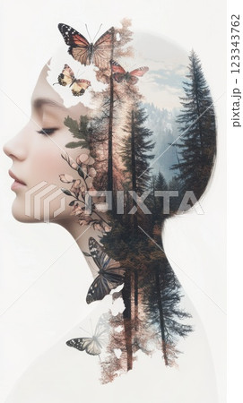 Enchanting fusion: Double exposure featuring a girl merged with lush forests and butterflies, creating an aesthetic representation of nature’s vibrant essence and ethereal beauty 123343762