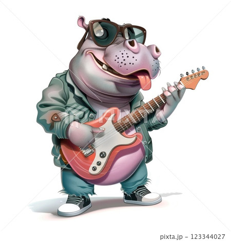 Rockstar Rhino Playing Electric Guitar Cartoon Illustration with Punk Outfit Rockstar Rhino Playing Electric Guitar Cartoon Illustration with Punk Outfit 123344027