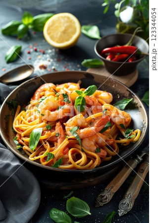 Shrimp Pasta with Fresh Herbs and Artisan Bread in Elegant Dining Setting Shrimp Pasta with Fresh Herbs and Artisan Bread in Elegant Dining Setting 123344054