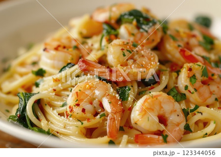 Delicious Shrimp Spaghetti with Fresh Herbs and Spices on Black Plate Delicious Shrimp Spaghetti with Fresh Herbs and Spices on Black Plate 123344056