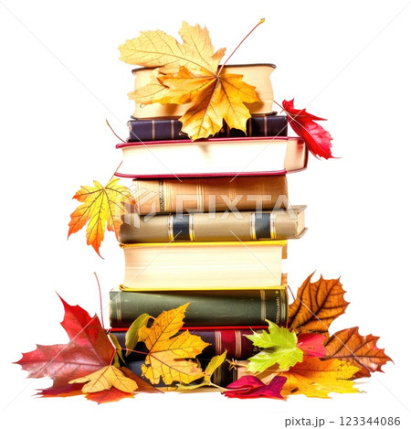 Vintage Books Stacked with Colorful Autumn Leaves in White Background Vintage Books Stacked with Colorful Autumn Leaves in White Background 123344086