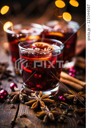 Festive Hot Mulled Wine with Spices and Citrus in Glasses for Holiday Celebration Festive Hot Mulled Wine with Spices and Citrus in Glasses for Holiday Celebration 123344087