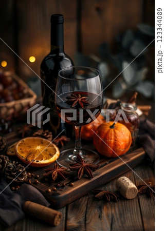 Autumn Wine Setting with Red Wine Glass, Pumpkins, and Spices on Wooden Table Autumn Wine Setting with Red Wine Glass, Pumpkins, and Spices on Wooden Table 123344089