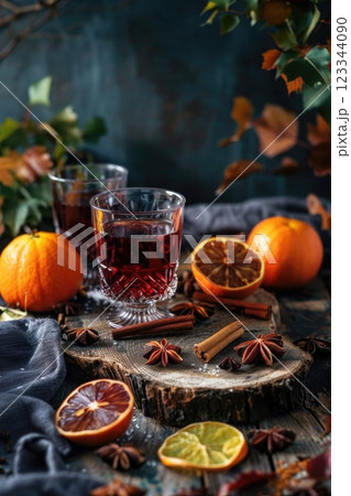 Autumn Still Life with Mulled Wine, Oranges, and Spices on Rustic Table Autumn Still Life with Mulled Wine, Oranges, and Spices on Rustic Table 123344090