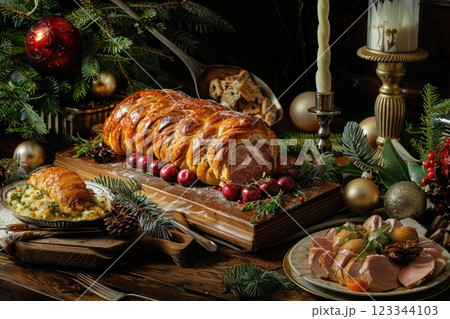 Festive Holiday Feast with Christmas Decorations and Delicious Food 123344103