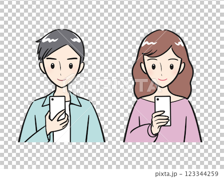 Set of young men and women looking at smartphone screens 123344259