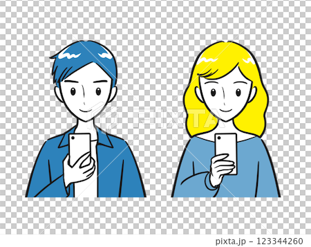 スマホの画面を見る若い男性と女性セット（シンプル） 123344260