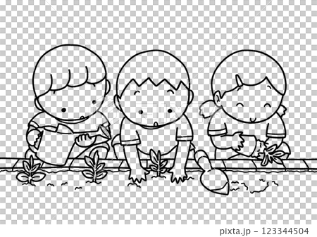 花壇に苗を植えている三人の子供たち 123344504