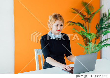 Business woman at desk with laptop in office 123344657