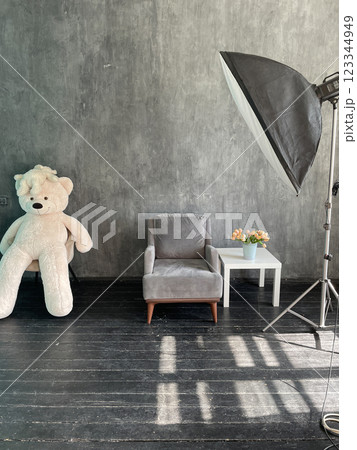 Interior of a gray room with a flash and an armchair Interior of a gray room with a flash and an armchair 123344949