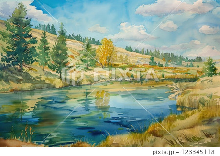 Serene Watercolor Landscape of a Tranquil River Bend Among Rolling Hills and Lush Pines 123345118
