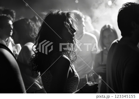 Smiling Woman Enjoying Nightlife with Colorful Party Lights in the Background 123345155