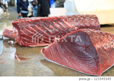 切り分けられる生マグロ 本マグロのブロック 切り分けられる生マグロ 本マグロのブロック 123345345