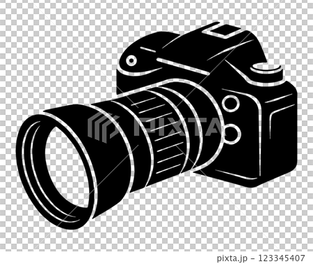 數位單眼相機的輪廓插圖,配有大型變焦鏡頭,在透明背景上裁剪 數位單眼相機的輪廓插圖,配有大型變焦鏡頭,在透明背景上裁剪 123345407