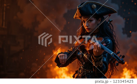 Fearless Pirate Girl Playing Violin Amidst Smoke and Flames 123345425