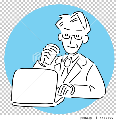 Middle-aged senior man in suit and glasses with laptop and coffee Vector illustration Middle-aged senior man in suit and glasses with laptop and coffee Vector illustration 123345455