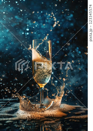 Champagne Glasses Splashing with Bubbles and Liquid Splash Effects in Artistic Design 123345574